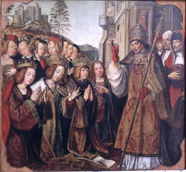 Der Papst segnet St. Auta, St. Ursula und Prinz Etherius, vom St. Auta Altar, ca. 1520